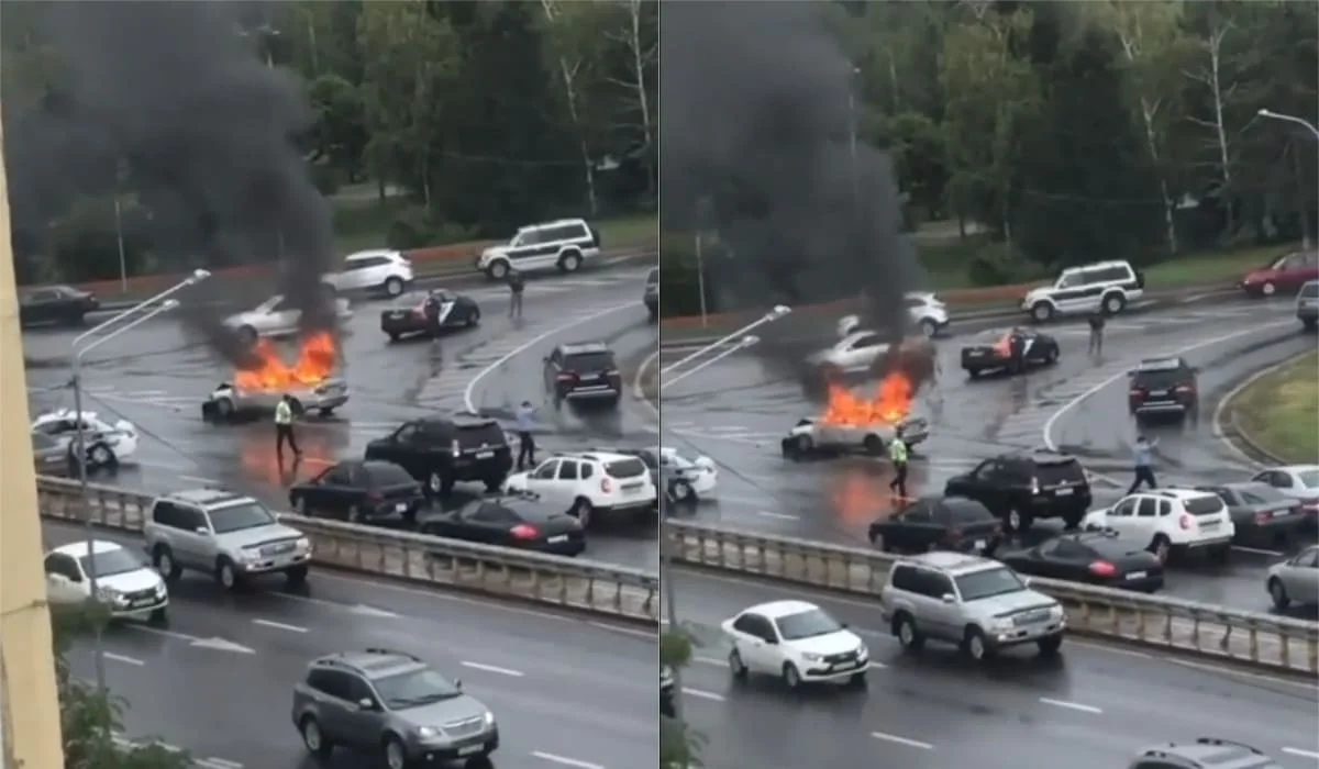 В Алматы водитель заживо сгорел в автомобиле, полицейский госпитализирован