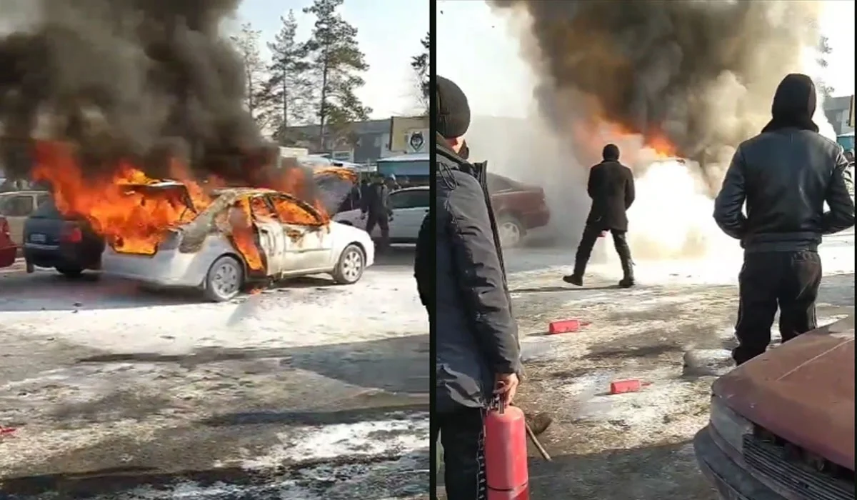 На видео сняли охваченный пламенем автомобиль в Алматы