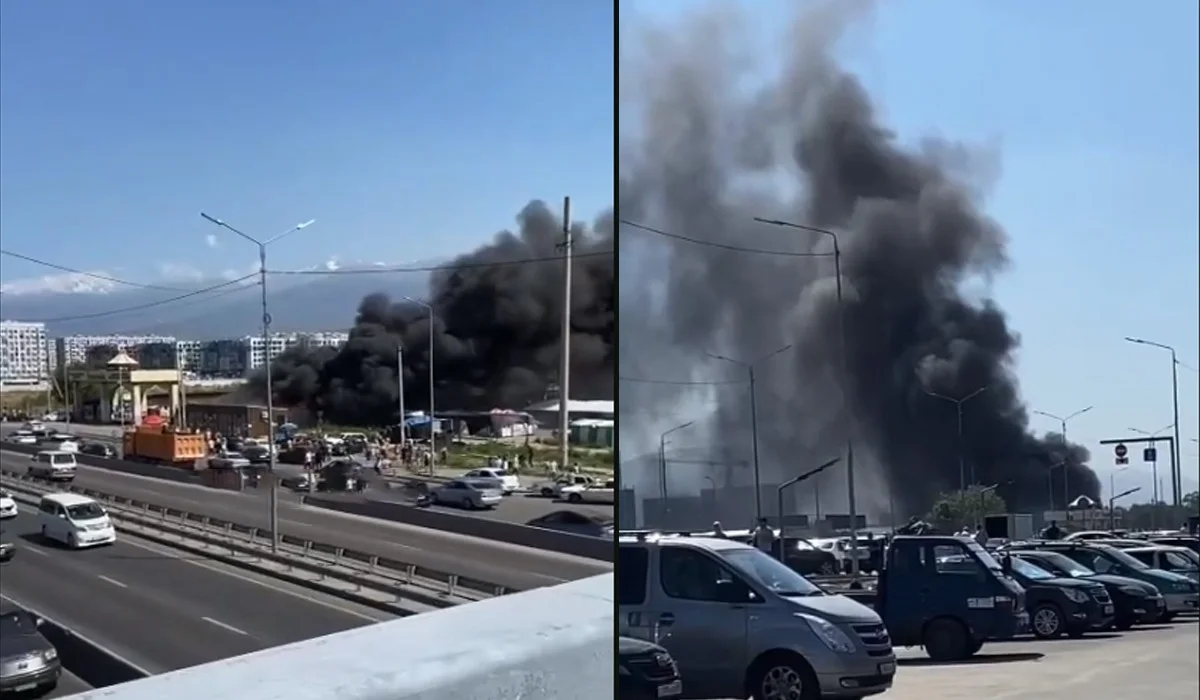 Пожар рядом с рынком «Алтын орда» сняли на видео в Алматы