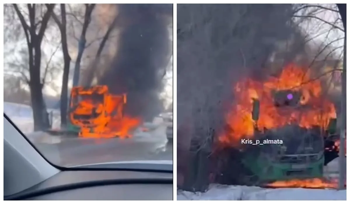 Полыхающий пассажирский автобус в Алматы сняли на видео очевидцы