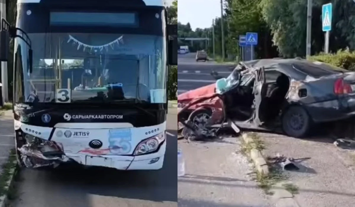 Авто врезалось в автобус и протаранило другую машину в Талдыкоргане (ВИДЕО)