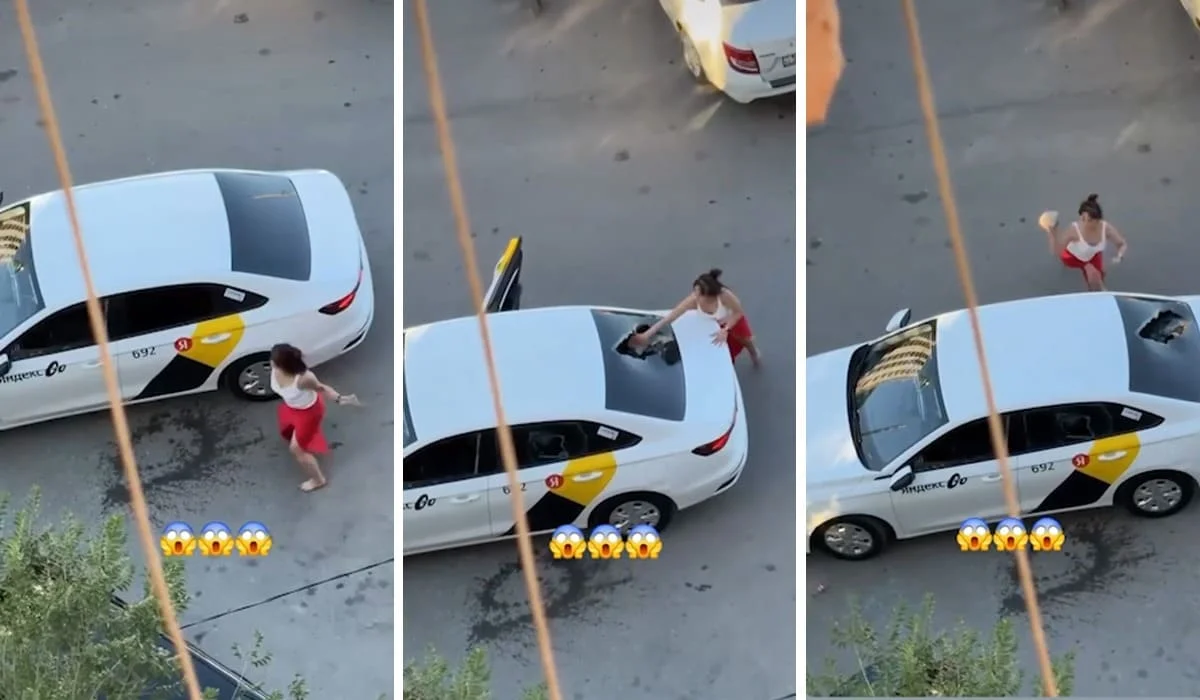 Женщину, громившую автомобиль «Яндекс.Такси», сняли на видео в Шымкенте