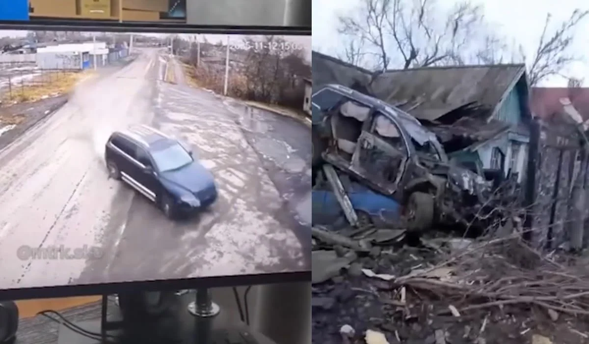 Авто на большой скорости влетело в сарай и заехало на другую машину в СКО (ВИДЕО)