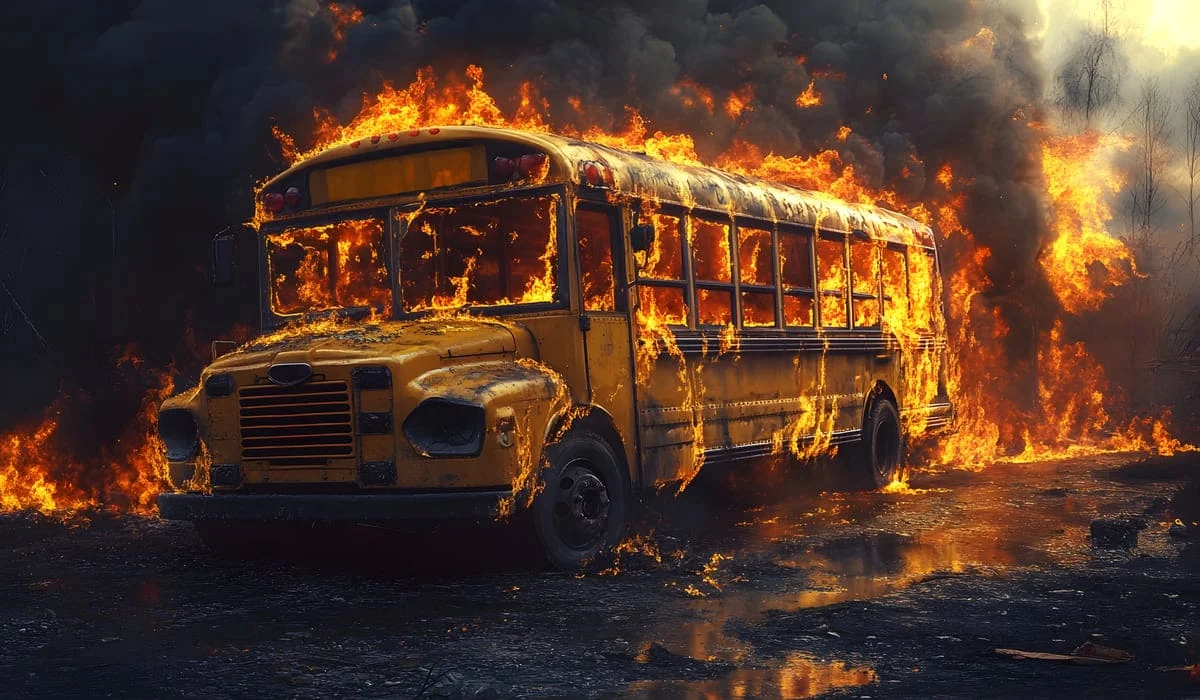 Пассажирский автобус сгорел на территории школы в Косшы