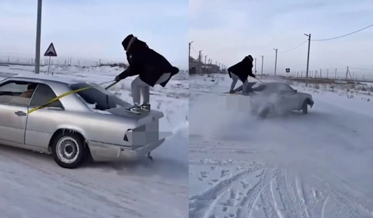 Ради лайков в соцсетях: мужчина «оседлал» Mercedes-Benz близ Астаны (ВИДЕО)