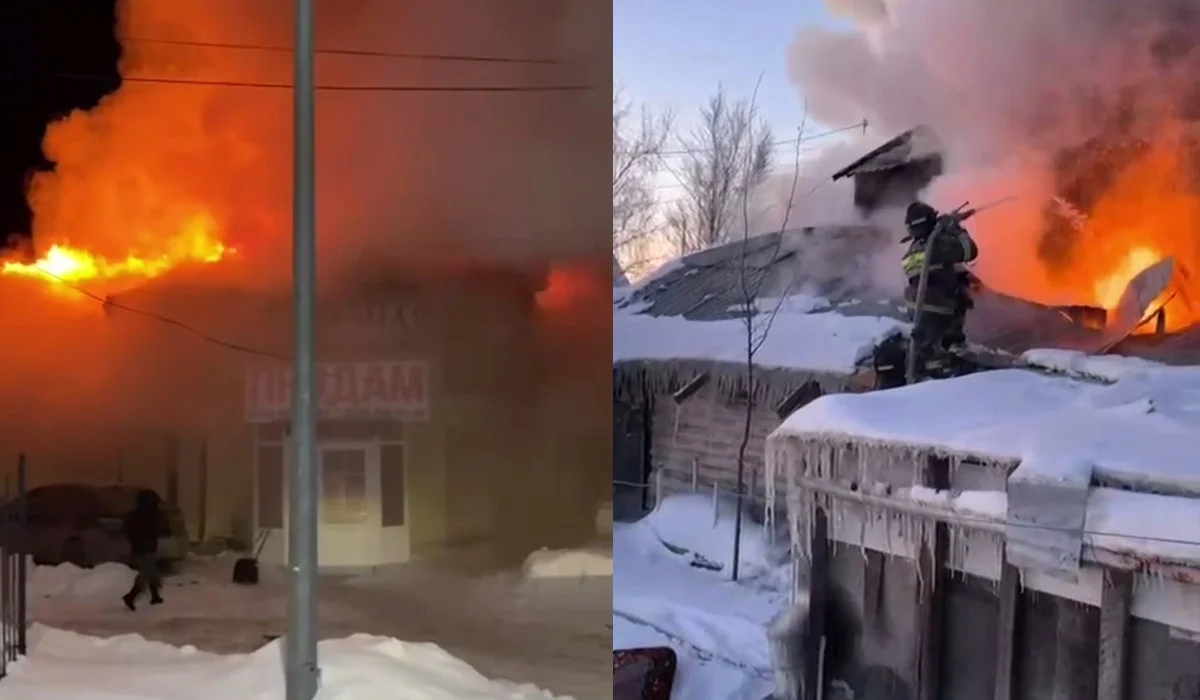 Двухэтажное кафе горит в Костанайской области (ВИДЕО)