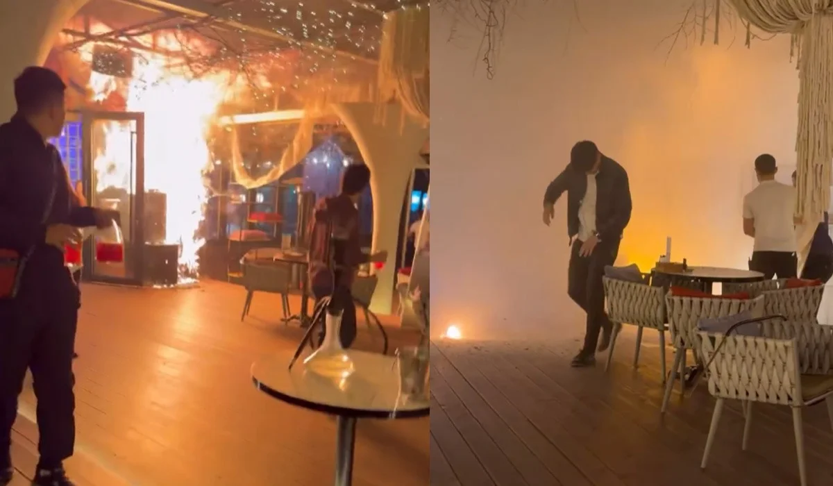 В Алматы чуть не сгорел дорогой ресторан - момент попал на видео