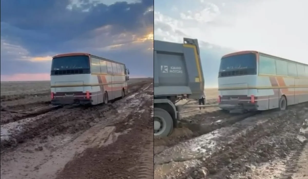 Автобус с 33 детьми увяз в грязи в степи Атырауской области