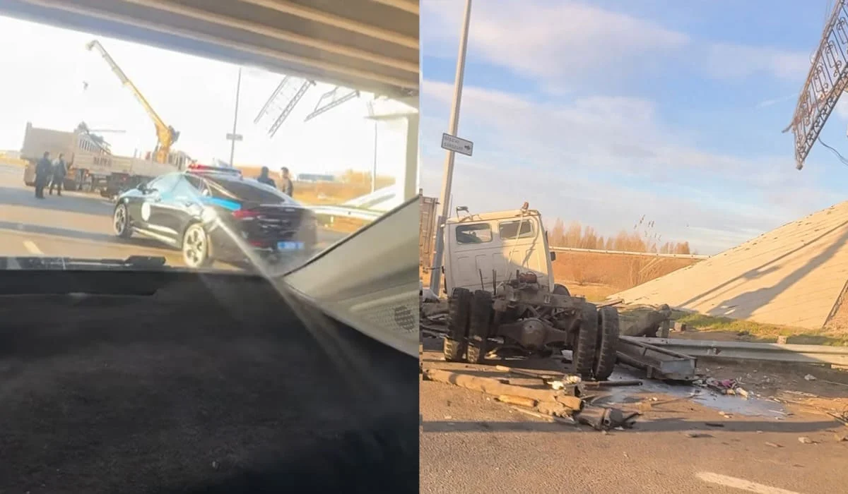 Tesla столкнулась с ассенизаторской машиной в Астане: грузовик упал с моста (ВИДЕО)