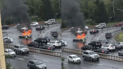 В Алматы водитель заживо сгорел в автомобиле, полицейский госпитализирован