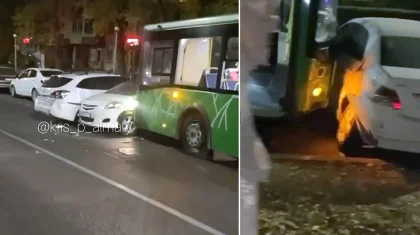 Автобус протаранил припаркованные автомобили в Алматы