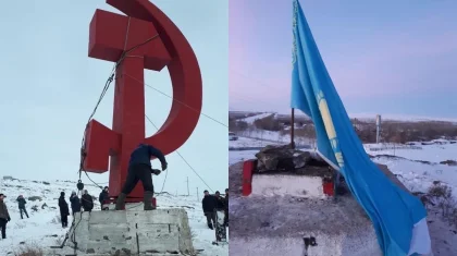 Памятник серпу и молоту снесли и вернули на прежнее место в Карагандинской области