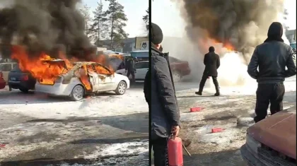 На видео сняли охваченный пламенем автомобиль в Алматы
