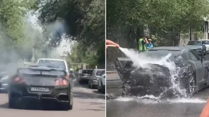 Горение роскошного спорткара попало на видео в Алматы
