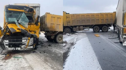 Два грузовика столкнулись на трассе в области Абай