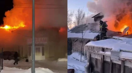 Двухэтажное кафе горит в Костанайской области (ВИДЕО)