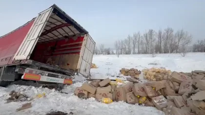 Полицейские и волонтеры помогли водителю спасти груз после ДТП в ВКО (ВИДЕО)