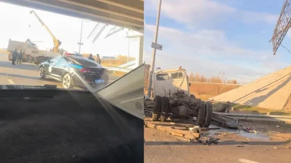 Tesla столкнулась с ассенизаторской машиной в Астане: грузовик упал с моста (ВИДЕО)