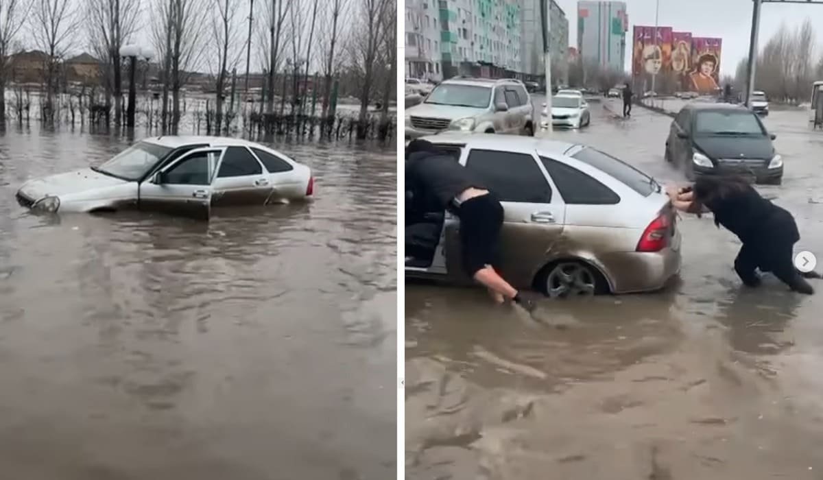 Толкающих по колено в воде автомобиль девушек сняли на видео в Актобе